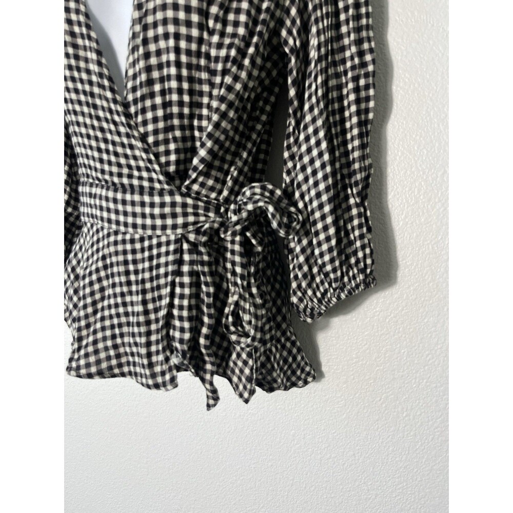 Ganni Gingham Wrap Top Balloon Sleeve Black White Blouse Women’s Size EU 38/US 6 - Picture 5 of 9